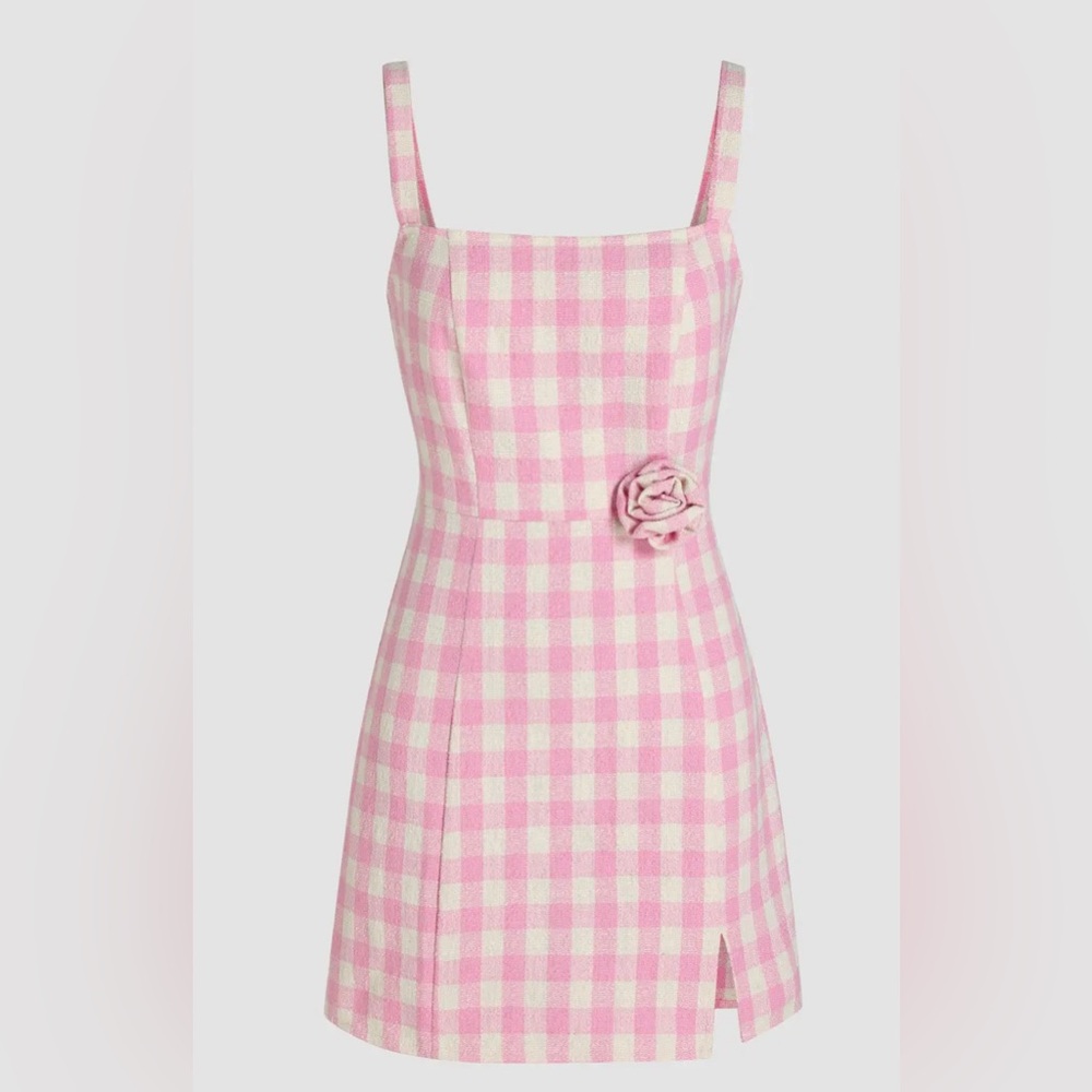 Size L Cider Square Neck Rosette Check Split Mini Dress